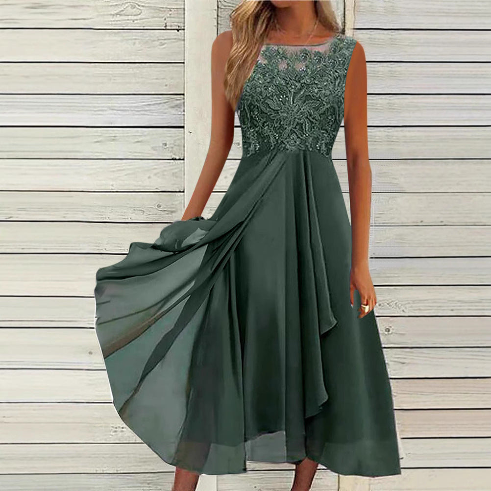 Damen nan ärmelloses Chiffon-Midikleid mit bestickter Illusionsspitze, Schiff-Ausschnitt und mehrlagigem Schwingrock EB