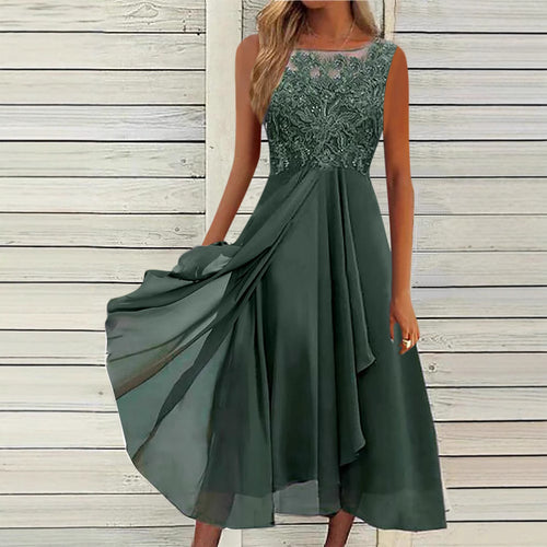 Damen nan ärmelloses Chiffon-Midikleid mit bestickter Illusionsspitze, Schiff-Ausschnitt und mehrlagigem Schwingrock EB