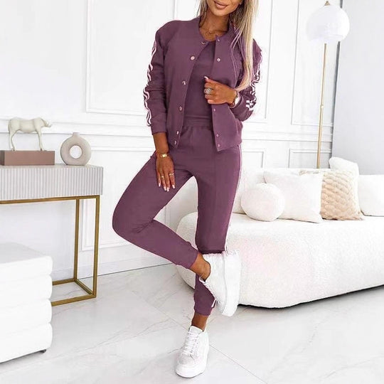 Damen nan sportliches Jogginganzug-Set mit Collegejacke, kurzes Top und slim-fit Jogginghose EB