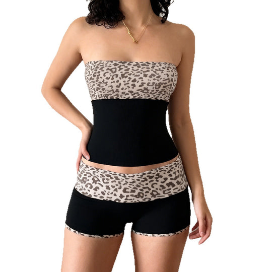 Damen Bandeau-Bikini-Set mit modischem Leopardenmuster und bequemen Shorts EB