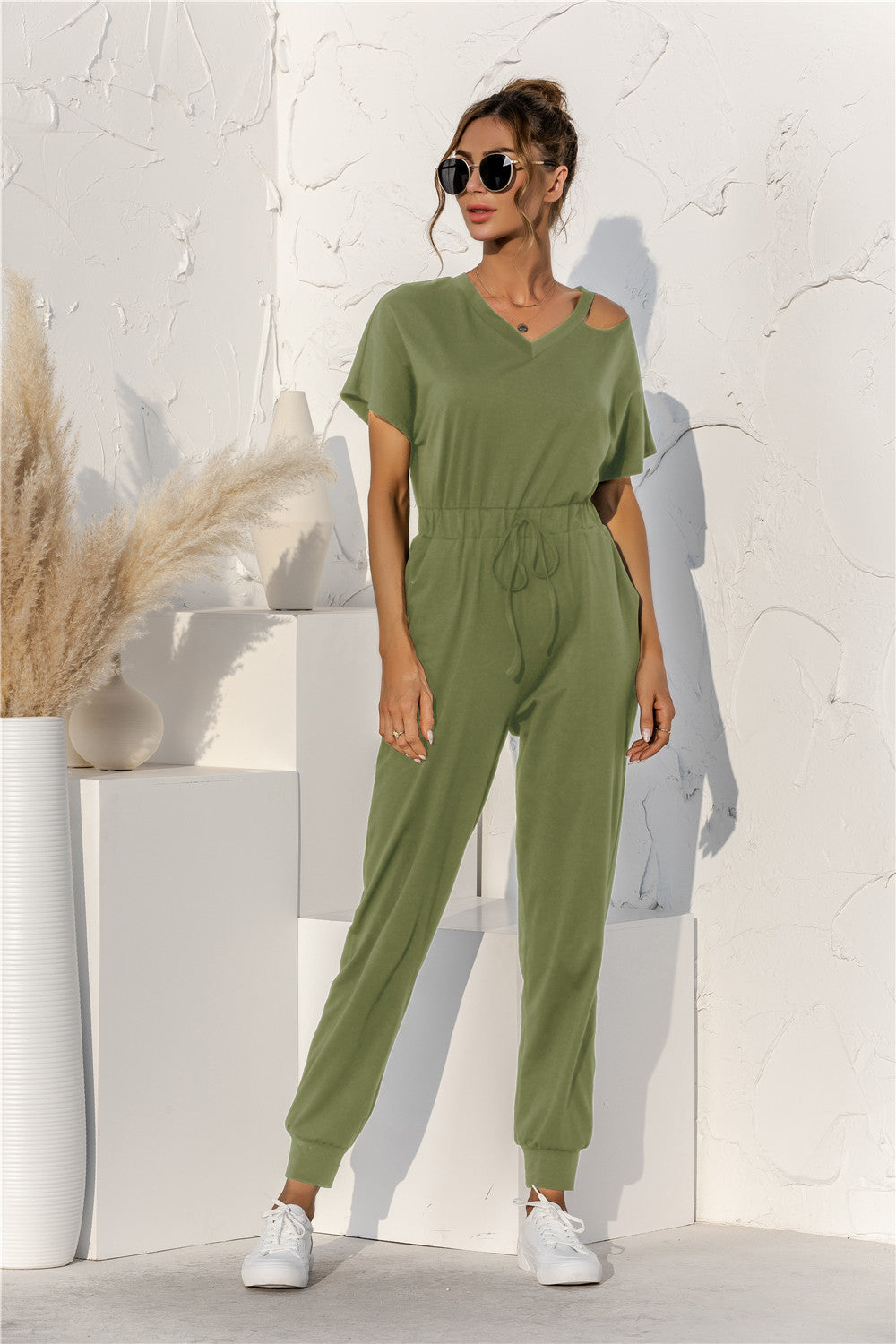 Damen Relaxed Fit Overall mit Kordelzug und Schulterfreies Design EB