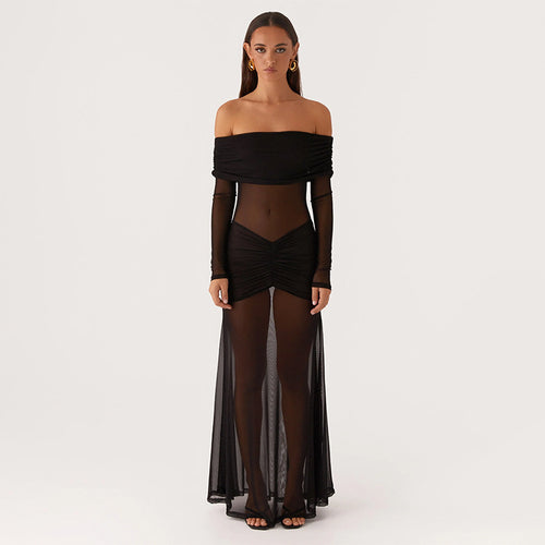 Damen durchsichtiges Maxikleid mit schulterfreiem Design und Rüschungen EB