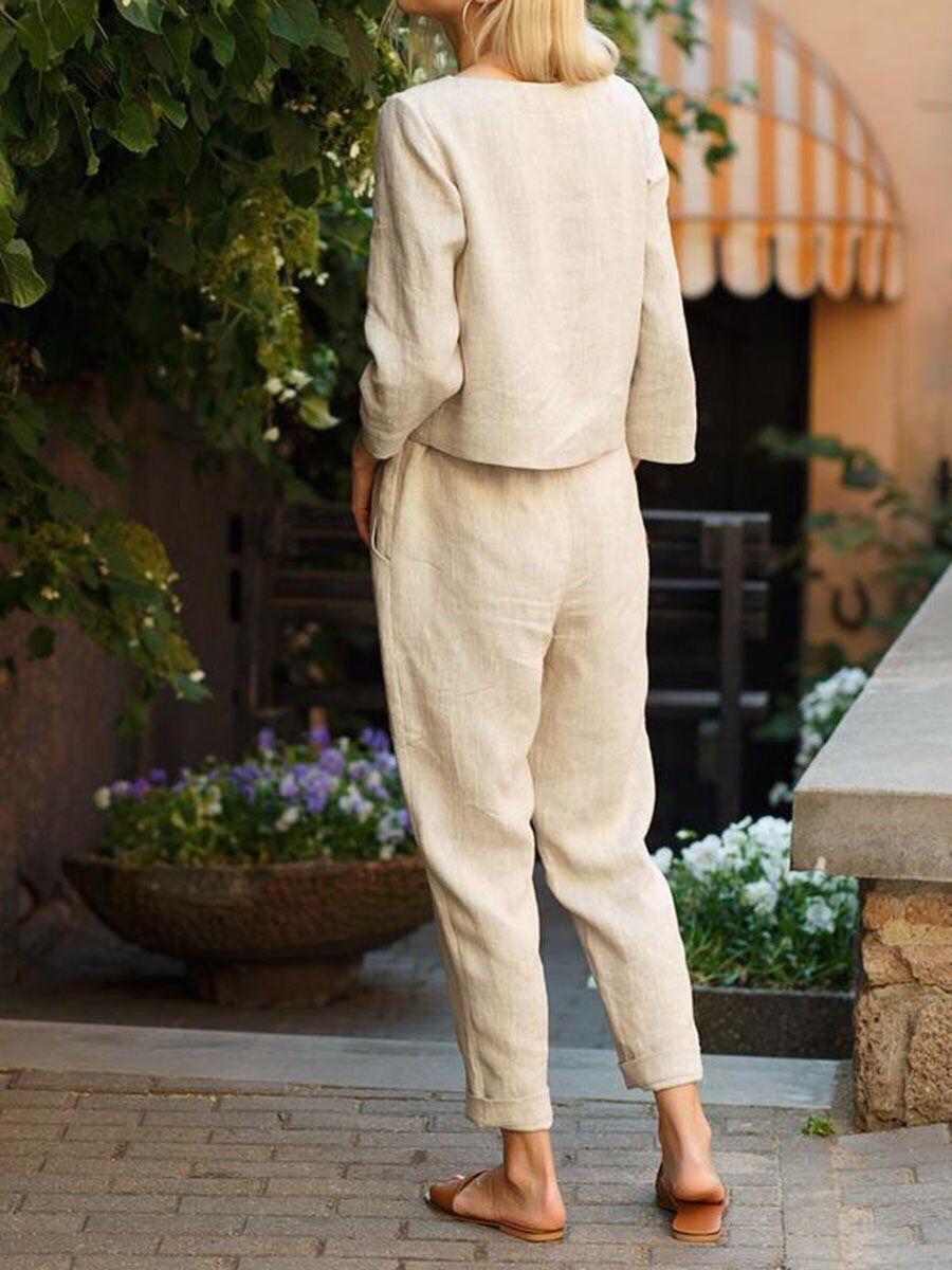 Damen Lässiges Leinen-Loungewear-Set mit Rundhalsausschnitt, Bindegürtel und knöchellanger Hose EB