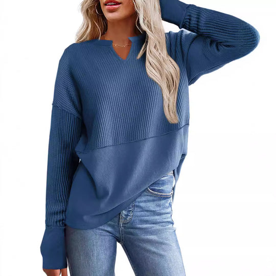 Damen lässiger Knit-Pullover mit V-Ausschnitt und Struktur EB