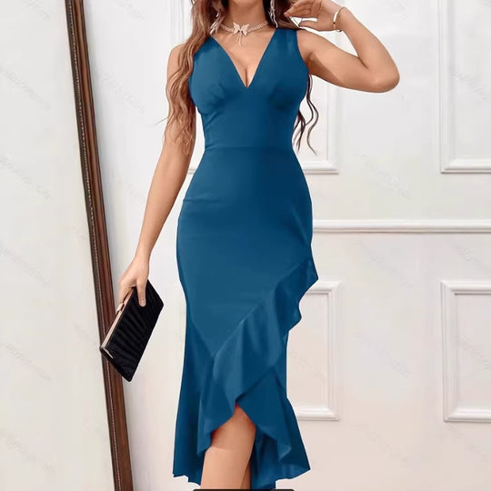 Damen Midikleid mit V-Ausschnitt und asymmetrischem Rüschensaum EB