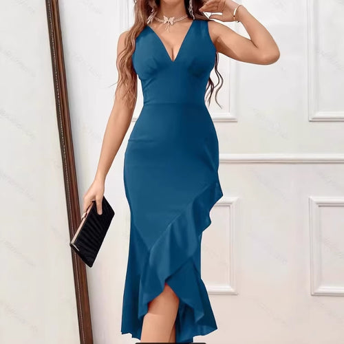 Damen Midikleid mit V-Ausschnitt und asymmetrischem Rüschensaum EB