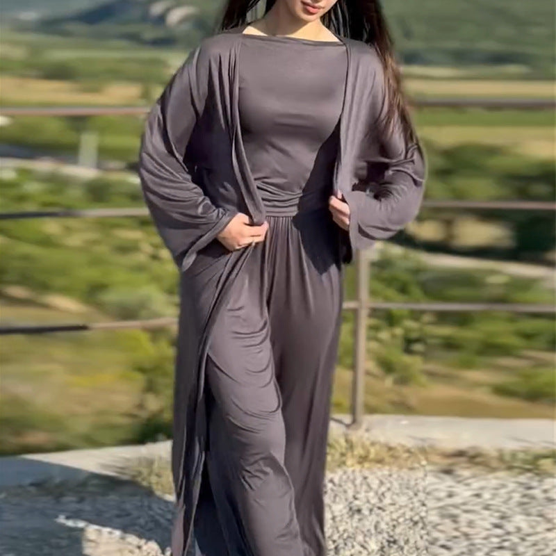 Damen lässiger Maxikleid-Anzug mit offenem Cardigan EB