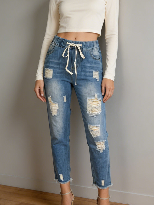 Damen nan lockere Destroyed-Denim Jogger mit elastischem Kordelbund und ausgefranstem Knöchelabschluss EB