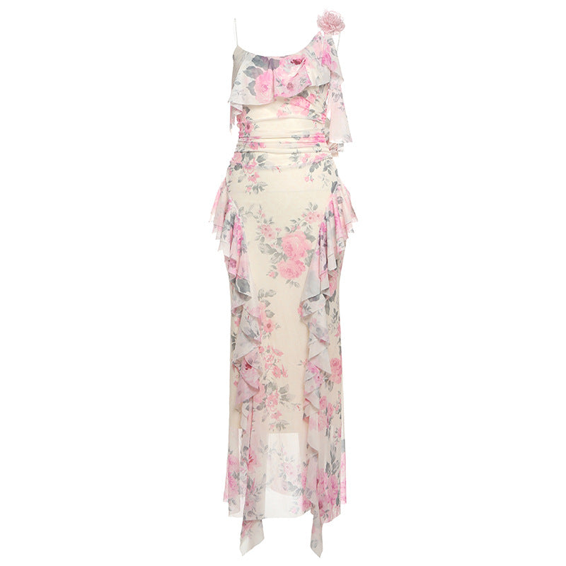 Damen Elegantes Fließendes Abendkleid mit Rüschendetails EB