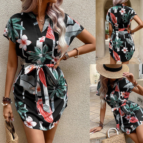 Damen lässiges Kurzarmkleid mit Bindegürtel und floralem Muster EB
