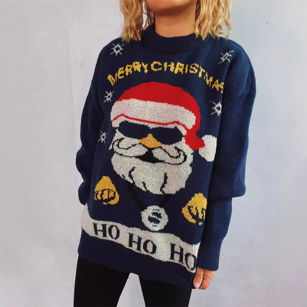 Damen weihnachtlicher Pullover mit festlichem Santa-Motiv und lockerer Passform EB