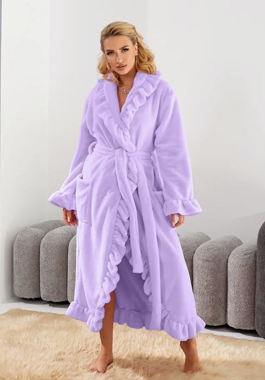 Damen nan luxuriöser Morgenmantel mit Rüschenkragen, extra-langer Schnitt und Bindegürtel EB