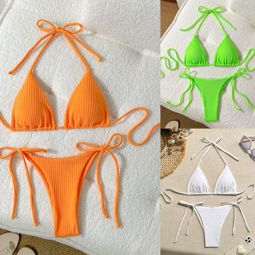 Damen Triangel-Bikini mit elastischen Bindebändern und Ripp-Optik EB