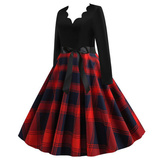 Damen Retro Swingkleid im Vintage-Stil mit geschwungener V-Kante, Satin-Taillenschleife und karierter Tellerrock EB