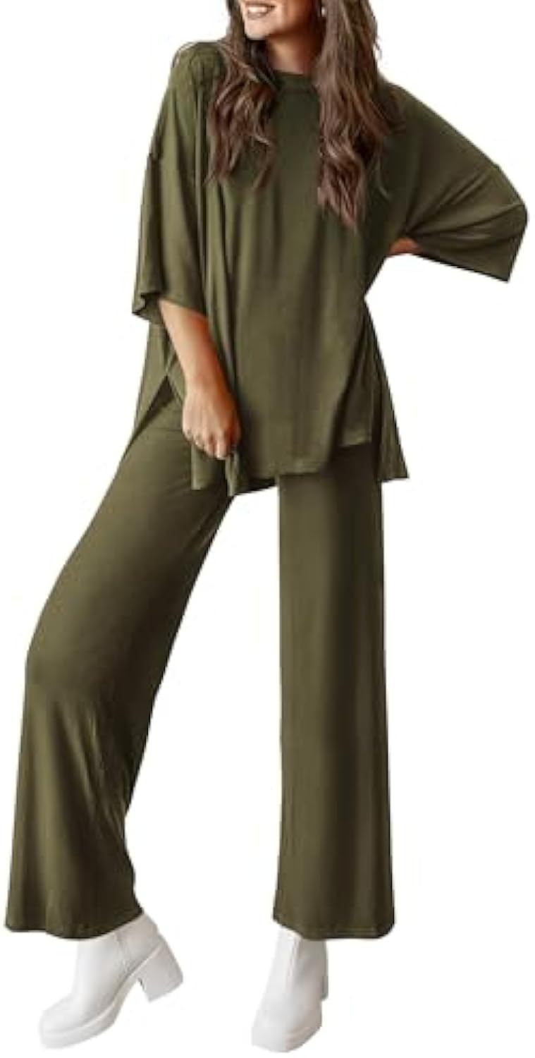 Damen Lässiges Lounge-Set aus weichem Jersey mit Oversize-Tunika und weiter Palazzo-Hose EB