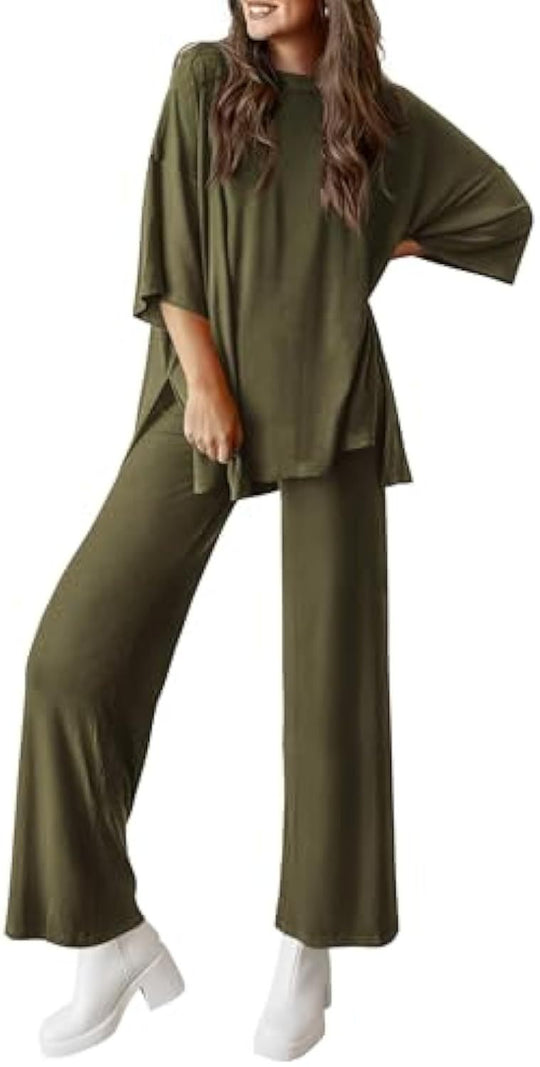 Damen Lässiges Lounge-Set aus weichem Jersey mit Oversize-Tunika und weiter Palazzo-Hose EB