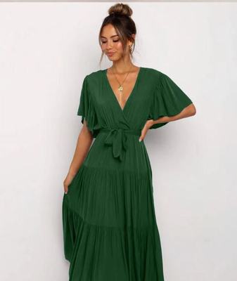 Damen Maxikleid mit tiefem V-Ausschnitt und schwingenden Ärmeln EB