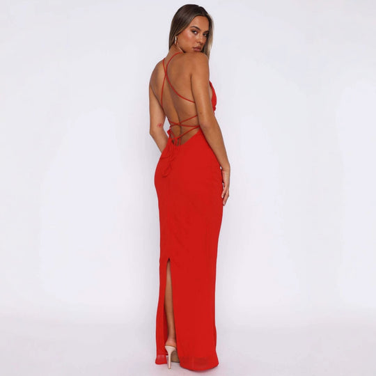 Damen Elegantes Maxikleid mit tiefem V-Ausschnitt und Spaghettiträgern EB