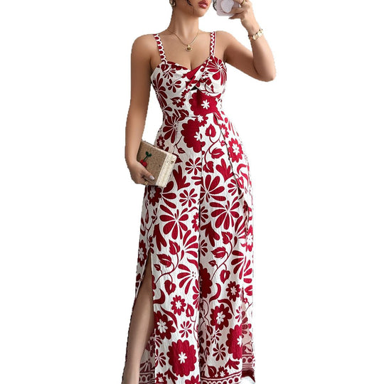 Damen Maxikleid mit tiefem Schlitz und floralem Muster EB
