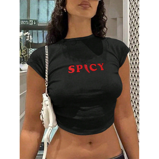 Damen cropped T-Shirt mit modernem Schriftzug und figurbetontem Schnitt EB