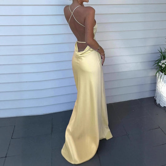 Damen Elegantes Maxikleid mit tiefem V-Ausschnitt und verstellbaren Spaghettiträgern EB