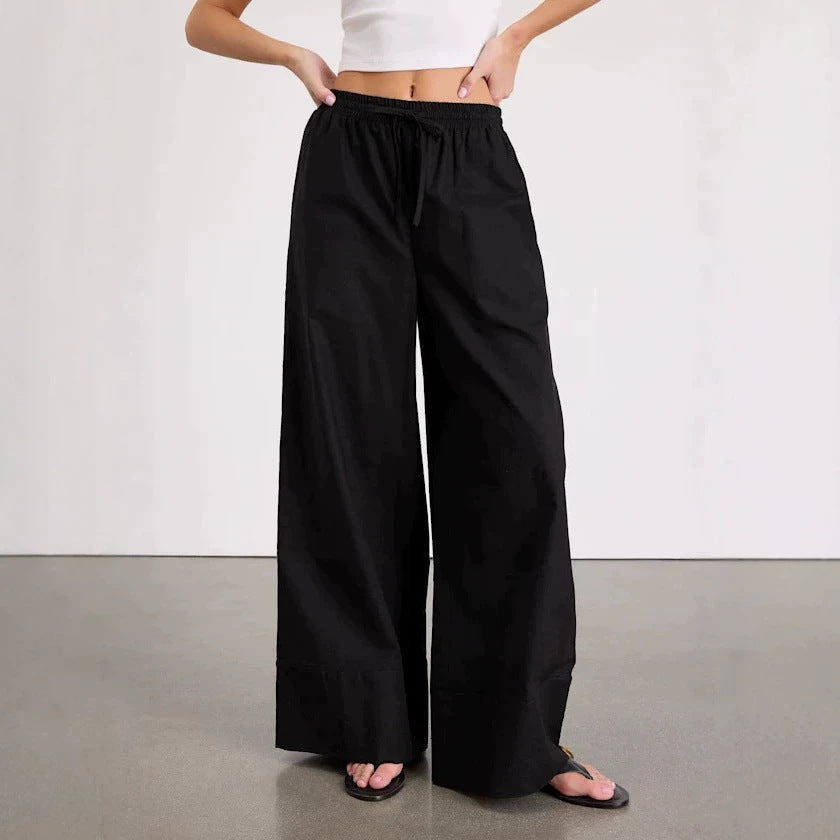 Damen Weite Leinenhose mit elastischem Bund und seitlichen Taschen EB