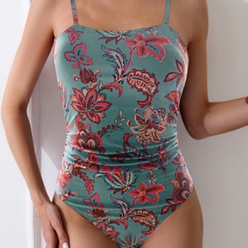 Damen Einteiler Badeanzug mit floralem Raffungselement EB
