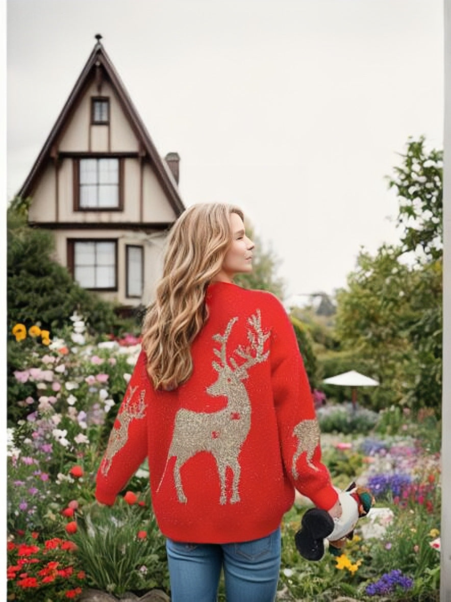 Damen Oversized Strickpullover mit auffälligem Schneeflockenmotiv und lässigen Ärmeln EB