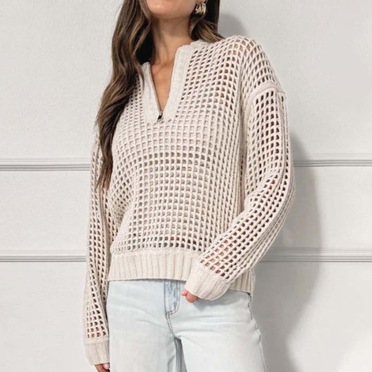 Damen lockerer Strickpullover mit Reißverschluss und luftiger Maschenstruktur EB