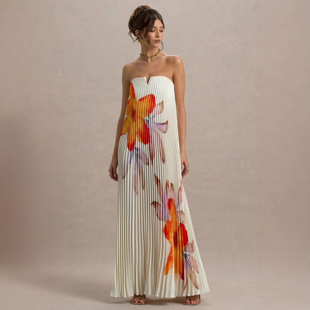 Damen Maxikleid mit plissiertem Design und floralem Druck EB