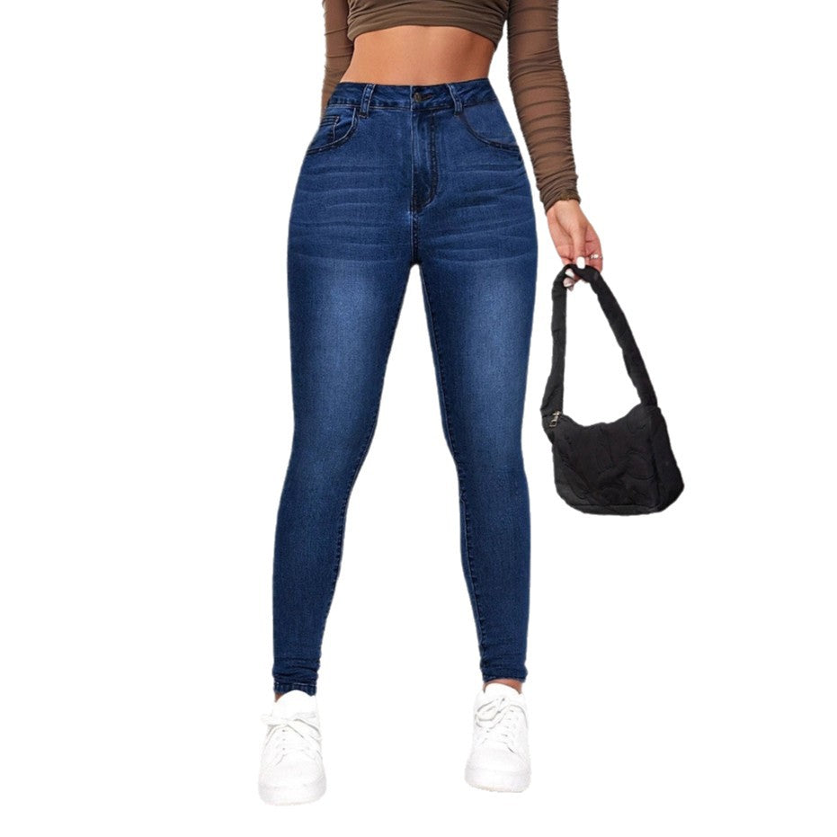 Damen High-Waist Skinny Jeans mit angedeuteten Taschen und elastischem Bund EB