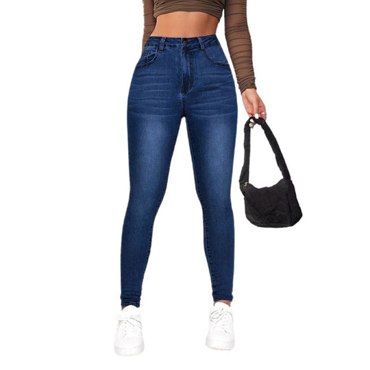 Damen High-Waist Skinny Jeans mit angedeuteten Taschen und elastischem Bund EB