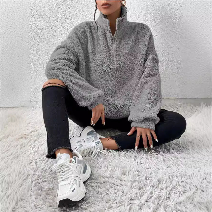 Damen Kuscheliger Fleece-Pullover mit Stehkragen und Eingrifftaschen EB