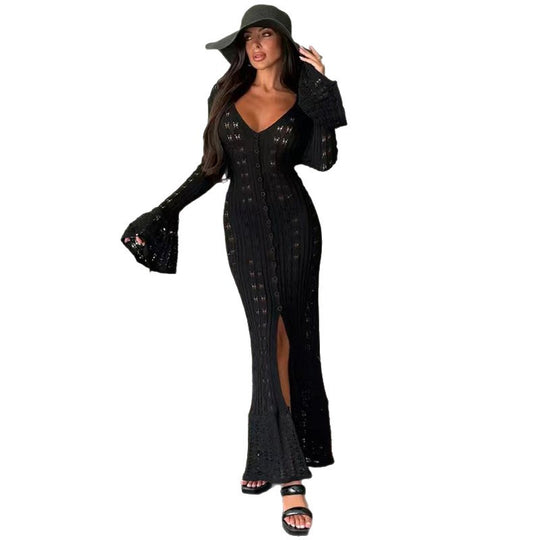 Damen Strickmaxikleid mit nostalgischem Lochmuster und elegantem V-Ausschnitt EB