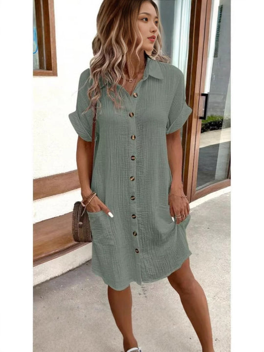 Damen lässiges Hemdblusenkleid mit Knopfdetails und Taschen EB