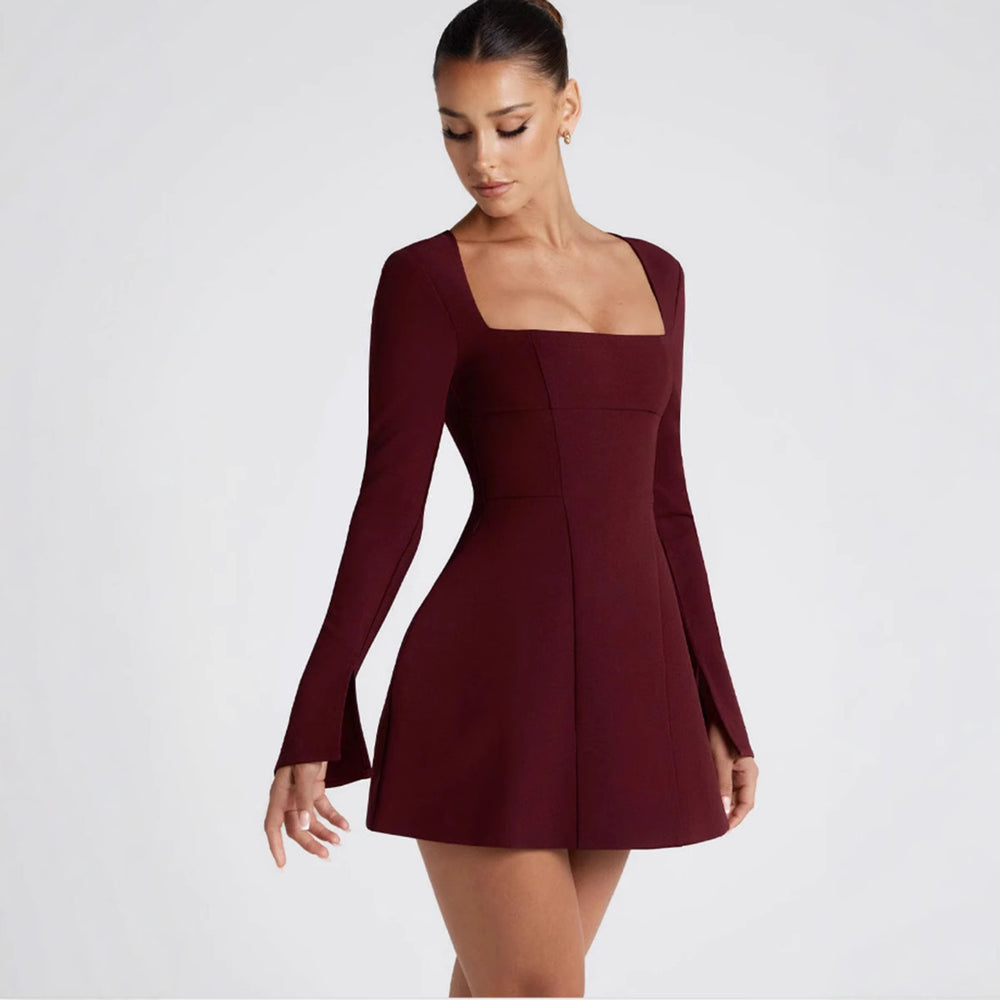 Damen Figurbetontes Minikleid mit elegantem quadratischem Ausschnitt und langen Ärmeln EB