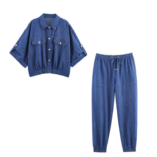 Damen lässiges Denim-Set mit Crop-Bluse und elastischen Hosen EB