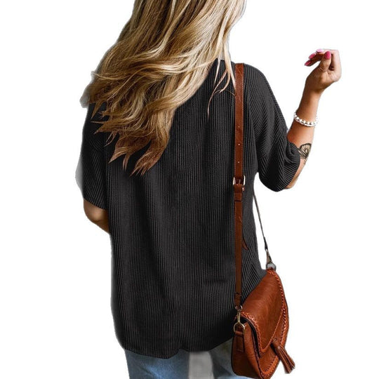 Damen lässiges Kurzarmshirt mit V-Ausschnitt und Brusttasche EB
