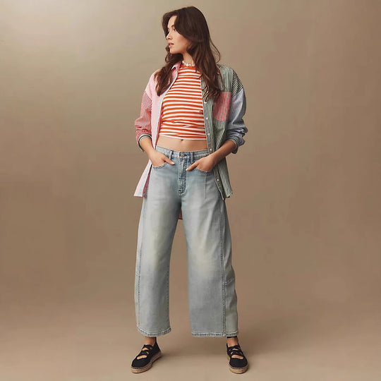 Damen Weit geschnittene Denim-Hose mit elastischem Bund und modischem Schnitt EB