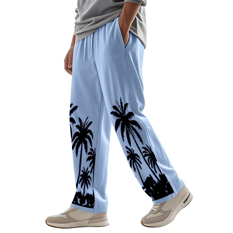 Herren nan weite Freizeit-Hose aus Baumwoll-Leinen-Mix mit Palmenprint, Elastikbund und Kordelzug EB