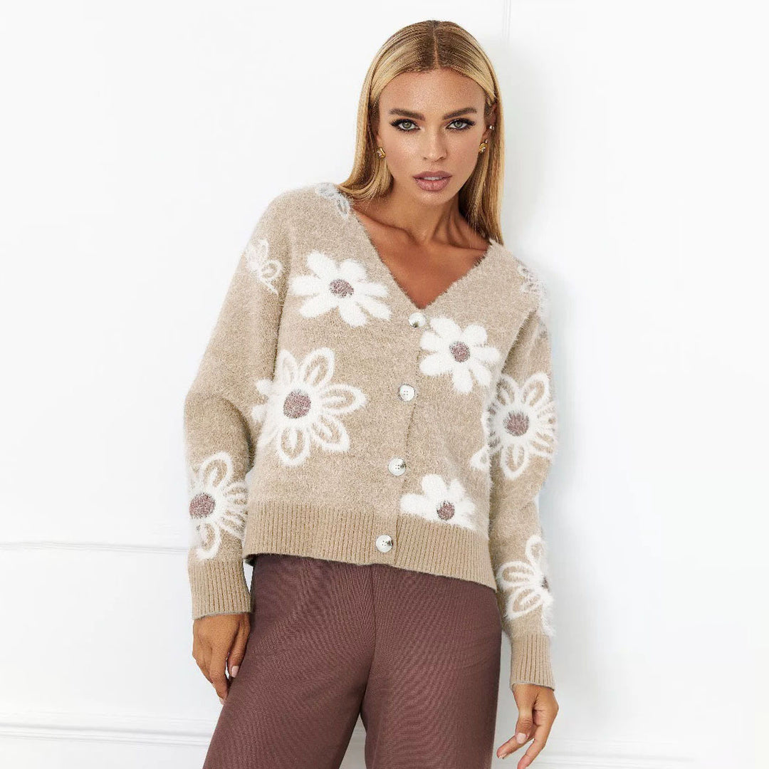 Damen Modische Strickjacke mit Blumenmuster EB