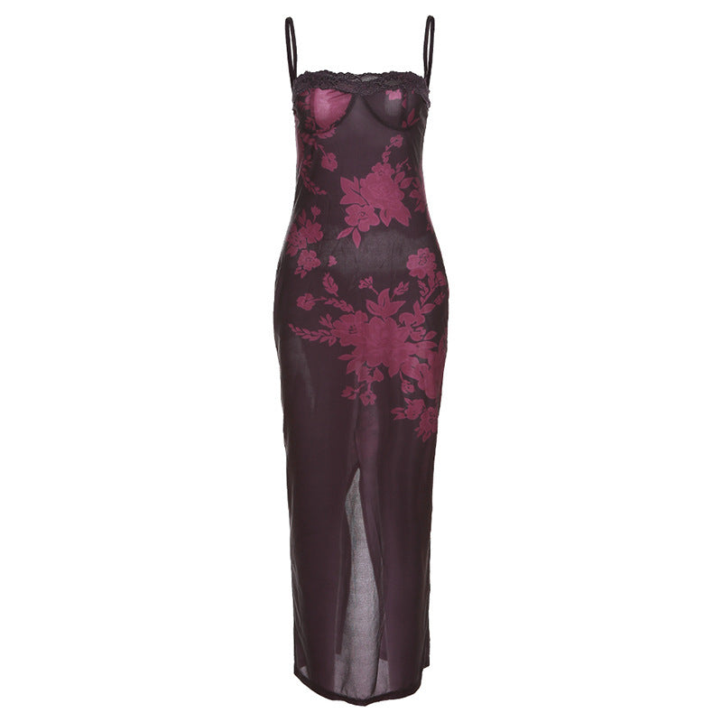 Damen Extravagantes Spitzen-Nachtkleid mit floralem Design und langem Schnitt EB