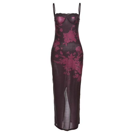 Damen Extravagantes Spitzen-Nachtkleid mit floralem Design und langem Schnitt EB