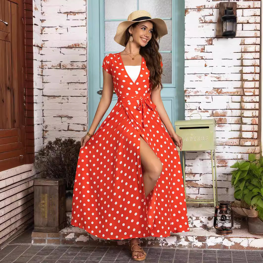 Damen Maxikleid mit schmeichelndem Wickeldesign und modernen Punkten EB