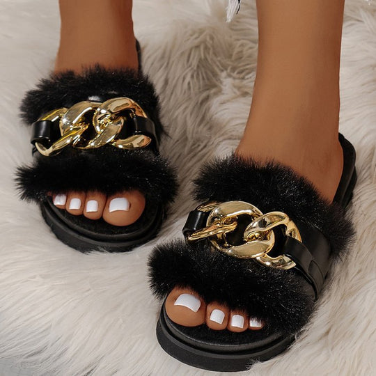 Damen Fuzzy Hausschuhe mit modischem Dekor und rutschfester Sohle EB