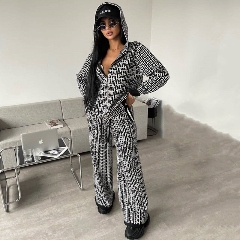 Damen modisches Strick-Loungewear-Set mit grafischem Muster EB