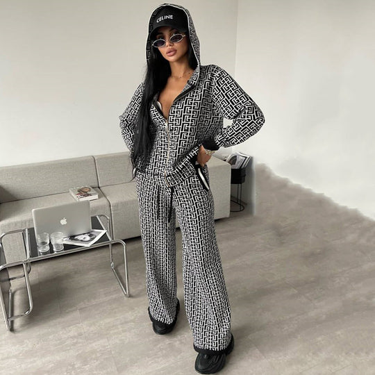 Damen modisches Strick-Loungewear-Set mit grafischem Muster EB