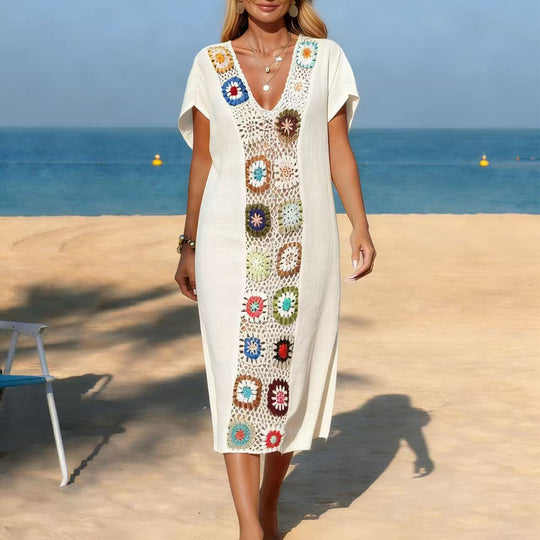 Damen Strandkleid mit floralen Häkelelementen EB