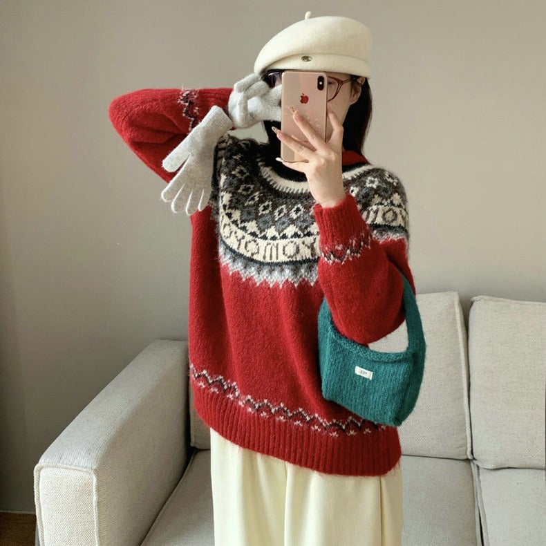 Damen Grobstrickpullover mit zeitgenössischen Norweger-Mustern EB