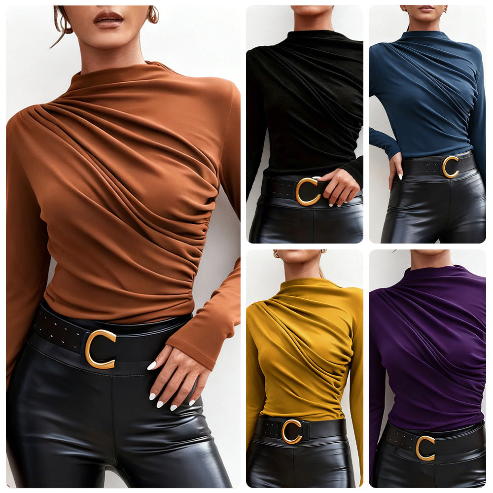 Damen elegantes Langarmshirt mit luxuriösem Drapierungsdesign und schickem Stehkragen EB